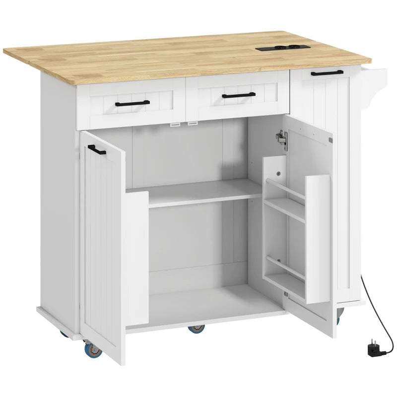 Isla de cocina Vannes blanca con encimera plegable y ruedas en una cocina