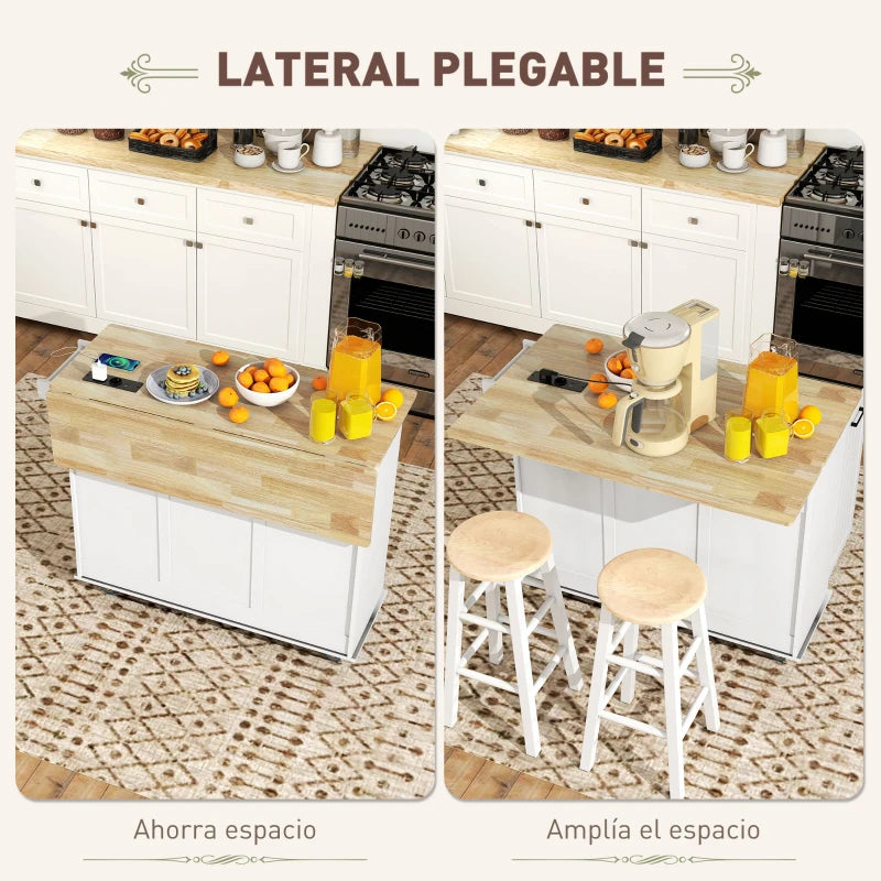 Isla de cocina Vannes blanca con encimera plegable y ruedas en una cocina