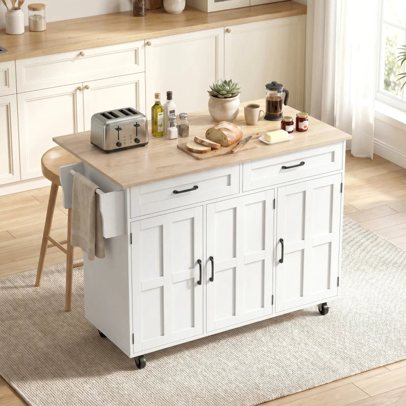 Isla de cocina Windsor blanca con encimera extensible y ruedas en una cocina