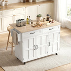 Isla de cocina Windsor blanca con encimera extensible y ruedas en una cocina