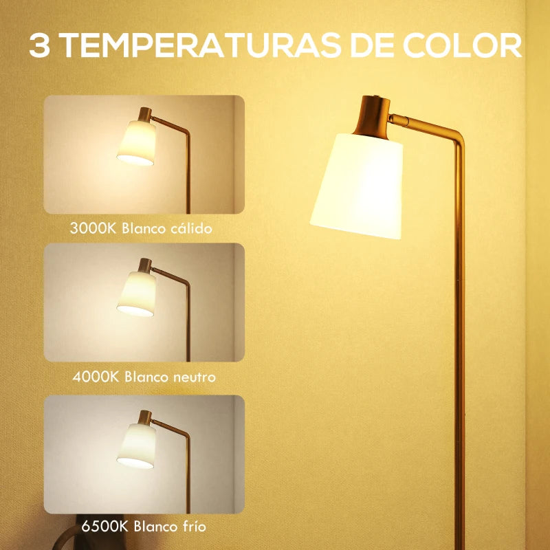 Lámpara de pie Aureliana mostrando sus tres temperaturas de luz cálida, natural y fría