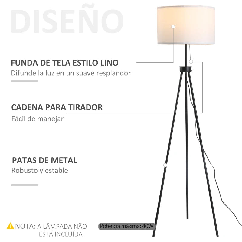 Lámpara de Pie Ludovica de Trípode con Pantalla de Tela 152 cm Diseño Clásico Blanco y Negro