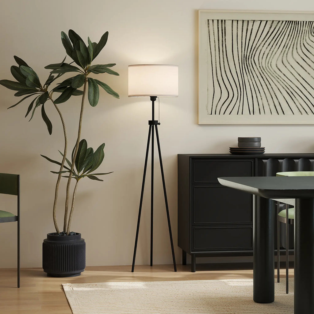 Lámpara de Pie Ludovica de Trípode con Pantalla de Tela 152 cm Diseño Clásico Blanco y Negro