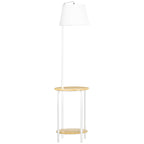  Lámpara de pie Lámpara Mizar con mesita y pantalla de lino en blanco y madera
