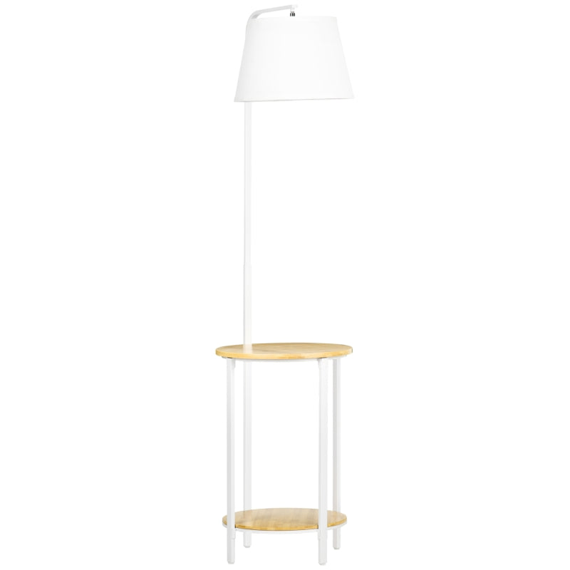  Lámpara de pie Lámpara Mizar con mesita y pantalla de lino en blanco y madera
