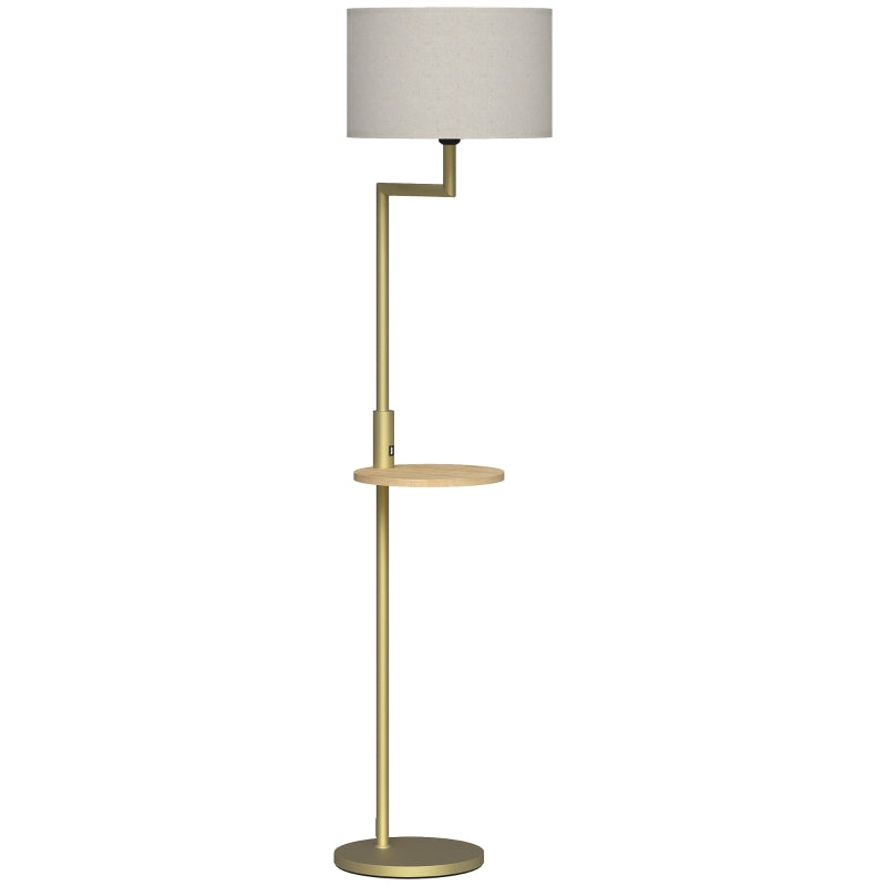 Lámpara de pie Teodolinda dorada con estante y pantalla de lino beige en un salón moderno