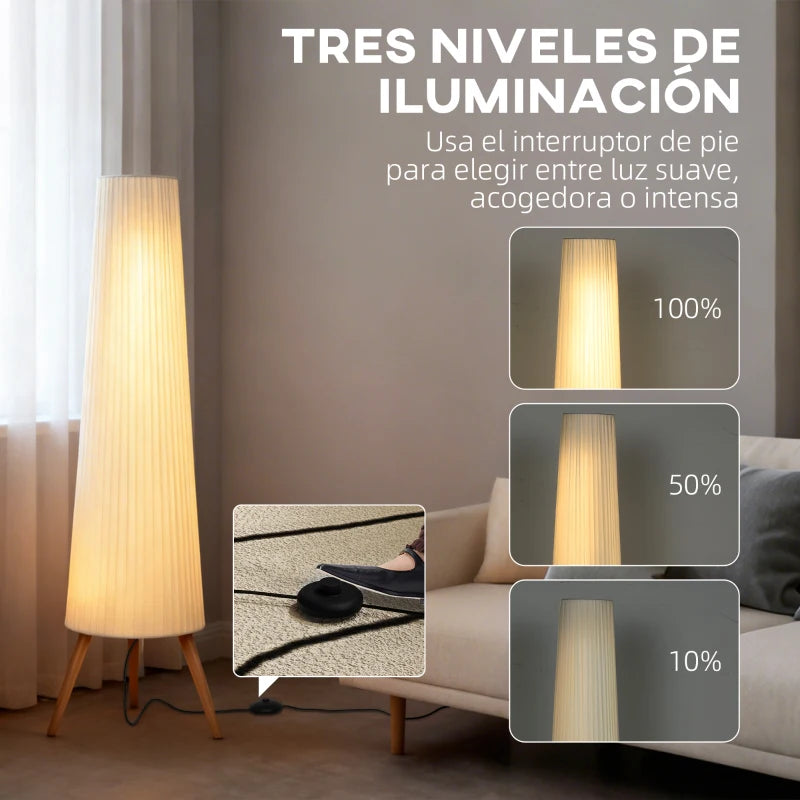 Lámpara Mintaka de Pie Trípode de Madera con Pantalla de Tela y Brillo Ajustable