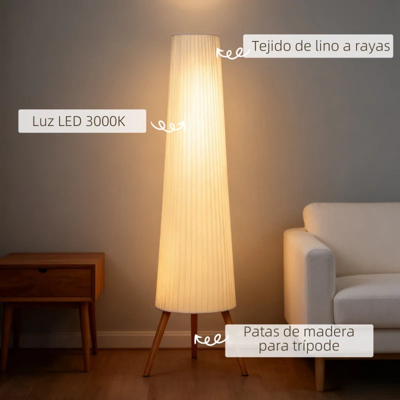 Lámpara Mintaka de Pie Trípode de Madera con Pantalla de Tela y Brillo Ajustable