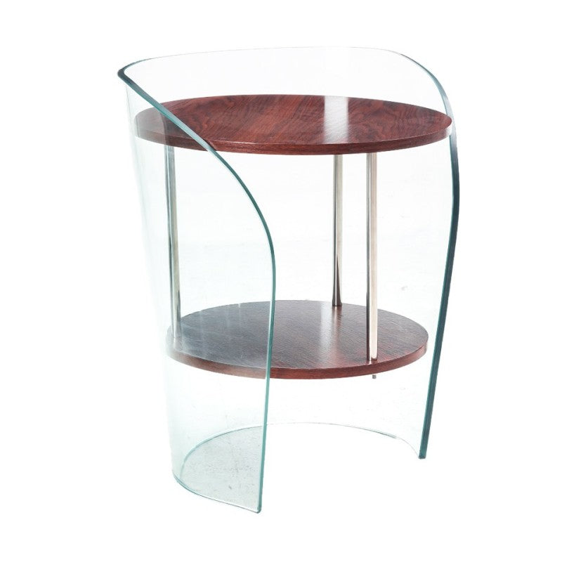 Mesa auxiliar Bueña de cristal curvado con estantes de madera en nogal