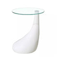 Mesa auxiliar redonda Villel con base de fibra de vidrio blanca y tapa de cristal