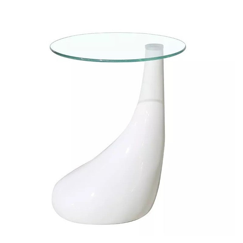 Mesa auxiliar redonda Villel con base de fibra de vidrio blanca y tapa de cristal