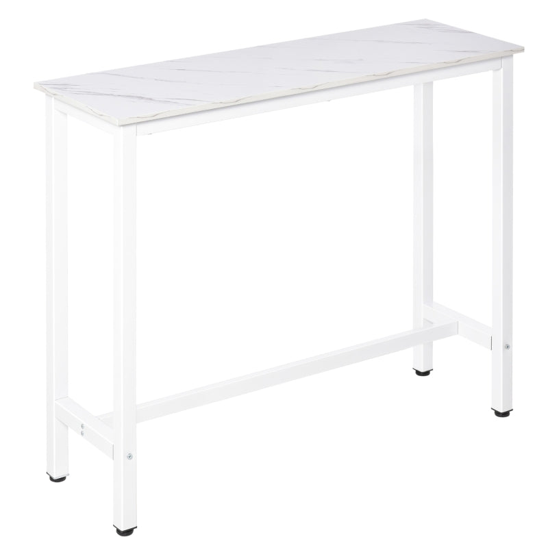 Mesa alta de bar Carrara con encimera efecto mármol y patas de acero en una cocina