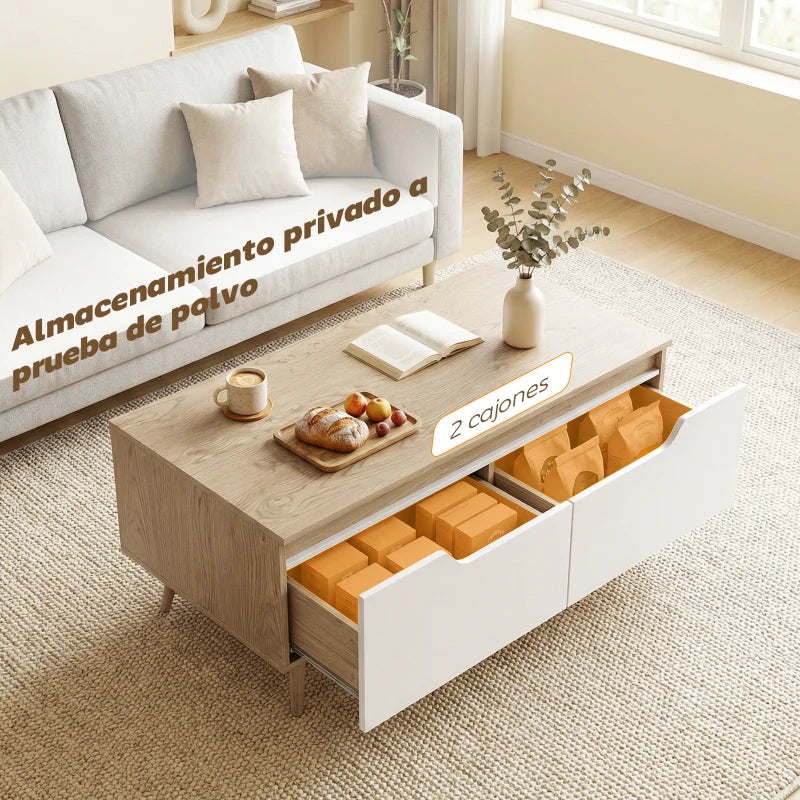 Mesa Ardil con sus dos cajones abiertos mostrando el almacenamiento oculto