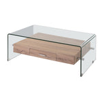 Mesa de centro baja Megina de cristal curvado con estante de madera y cajón