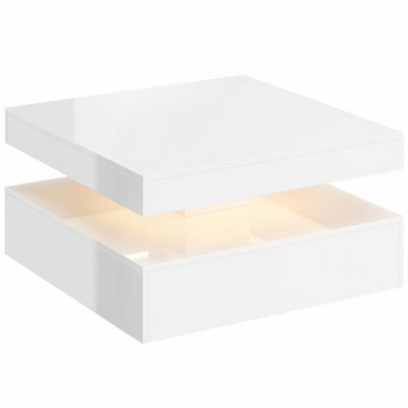 Mesa de centro Blitzón blanca con iluminación LED RGB encendida en un salón moderno