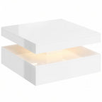 Mesa de centro Blitzón blanca con iluminación LED RGB encendida en un salón moderno