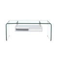 Mesa de centro San Blas de cristal curvado con estante colgado blanco y cajón