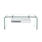 Mesa de centro San Blas de cristal curvado con estante colgado blanco y cajón