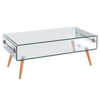 Mesa de centro Orea de cristal curvado con patas de madera maciza de haya