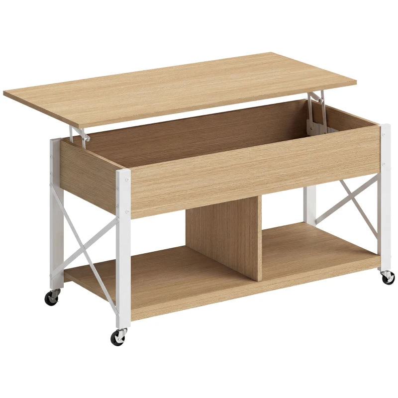 Mesa de centro elevable Arizkun con ruedas en madera natural y blanco