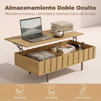 Detalle de los dos compartimentos ocultos de la mesa de centro Auralite con revistas y objetos guardados