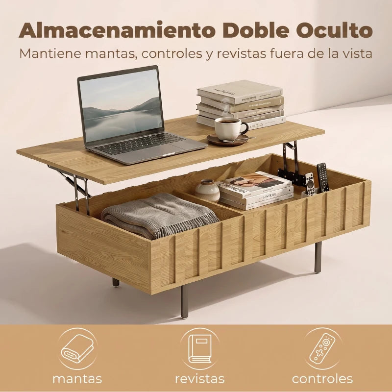Detalle de los dos compartimentos ocultos de la mesa de centro Auralite con revistas y objetos guardados