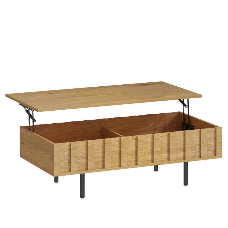 Mesa de centro elevable Auralite en acabado roble con patas de metal negro en un salón moderno
