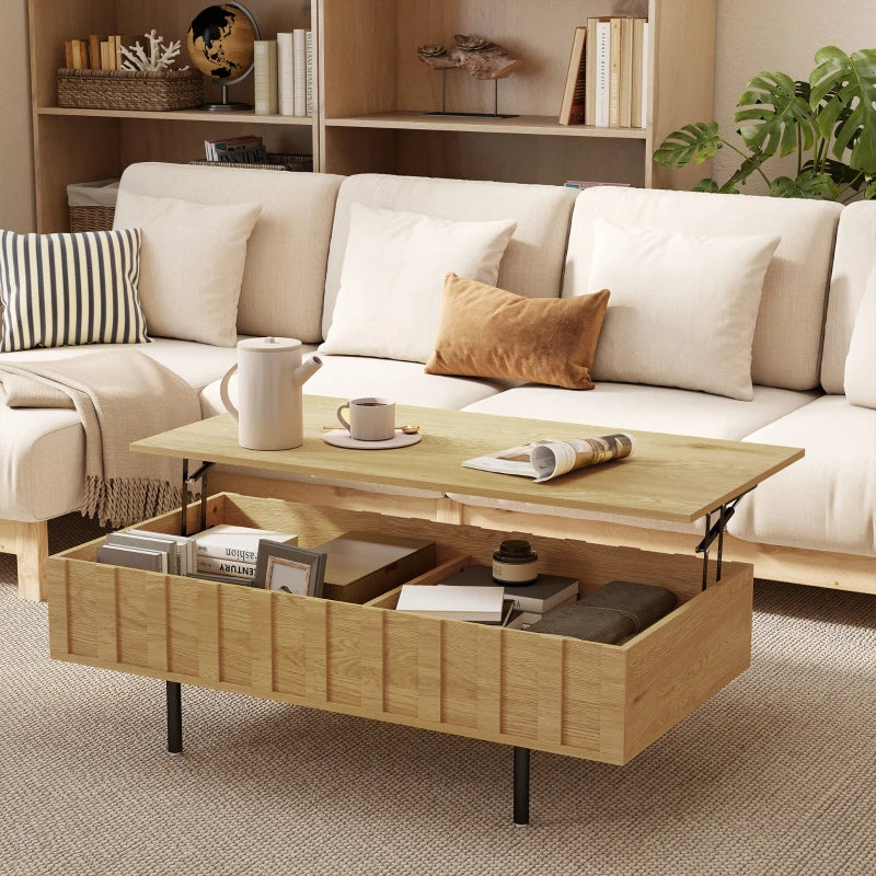 Mesa de centro elevable Auralite integrada en un salón de estilo nórdico con sofá gris