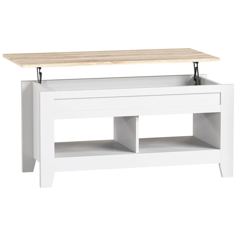 Mesa de centro elevable Lumbier en blanco con encimera en tono madera natural