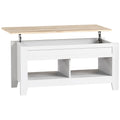 Mesa de centro elevable Lumbier en blanco con encimera en tono madera natural
