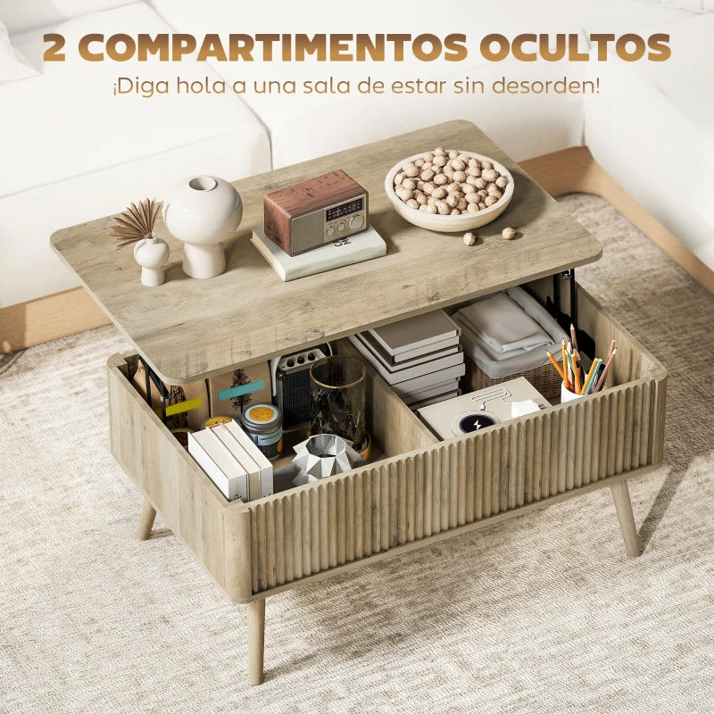 Los dos compartimentos ocultos de la mesa Roblén abiertos con libros y revistas guardados
