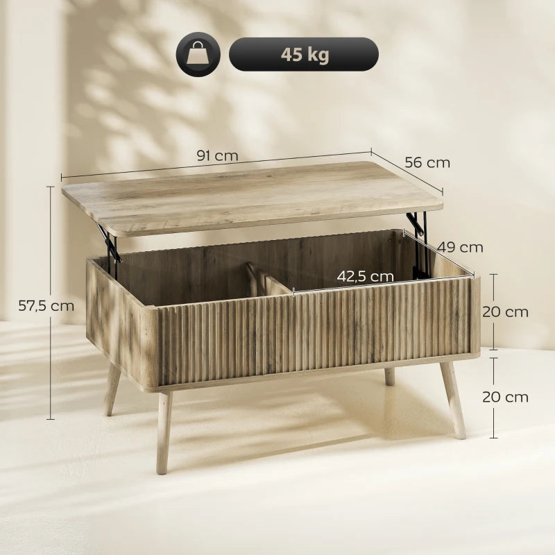 Diagrama de medidas de la mesa de centro elevable Roblén con dimensiones en centímetros