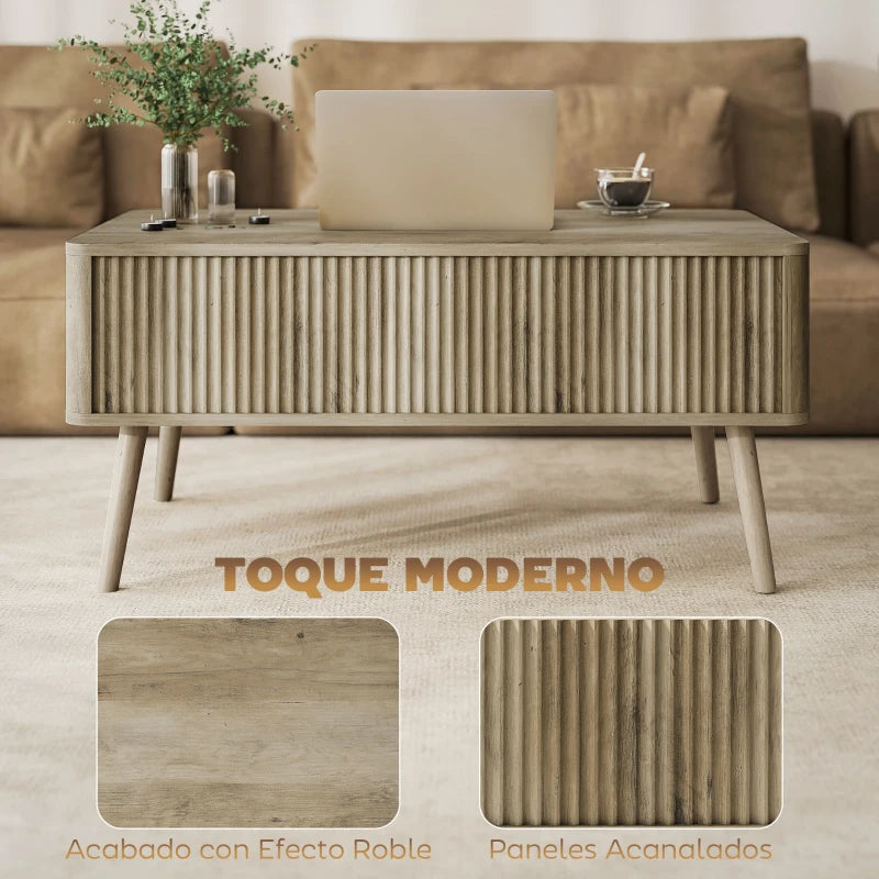 Detalle de los paneles acanalados y el acabado roble de la mesa de centro Roblén