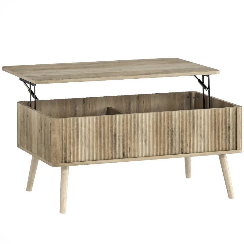 Mesa de centro elevable Roblén con acabado efecto roble y patas de pino en un salón moderno