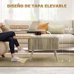  Mesa Roblén con la tapa elevada a 57,5 cm mostrando la superficie de trabajo sobre el sofá