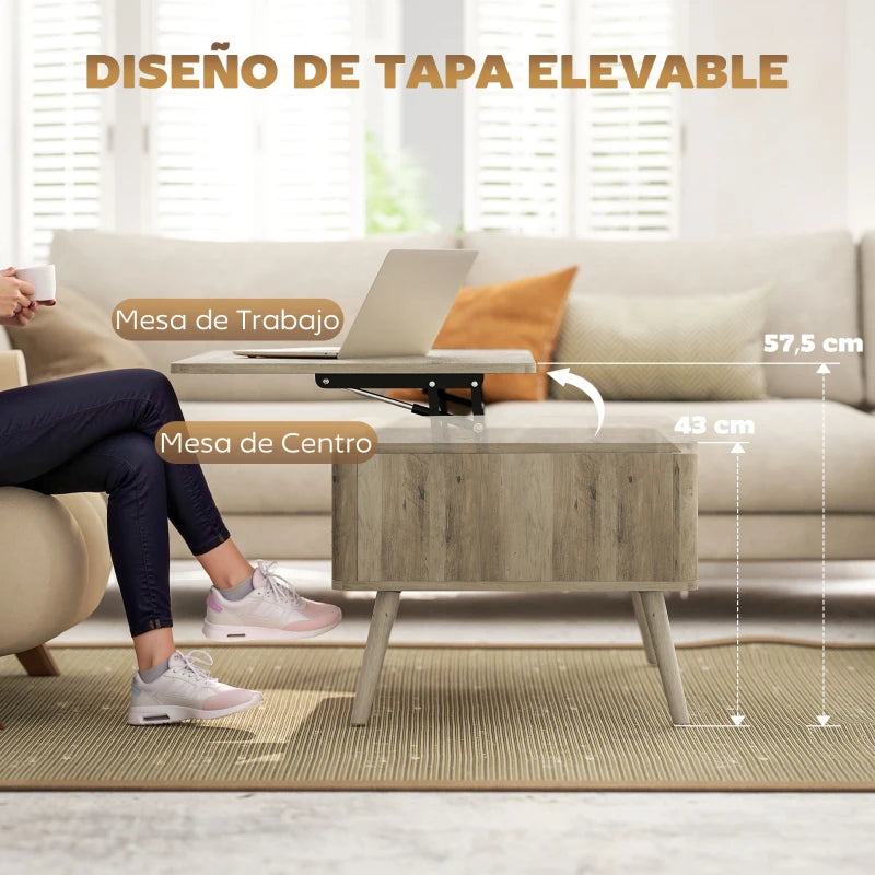  Mesa Roblén con la tapa elevada a 57,5 cm mostrando la superficie de trabajo sobre el sofá