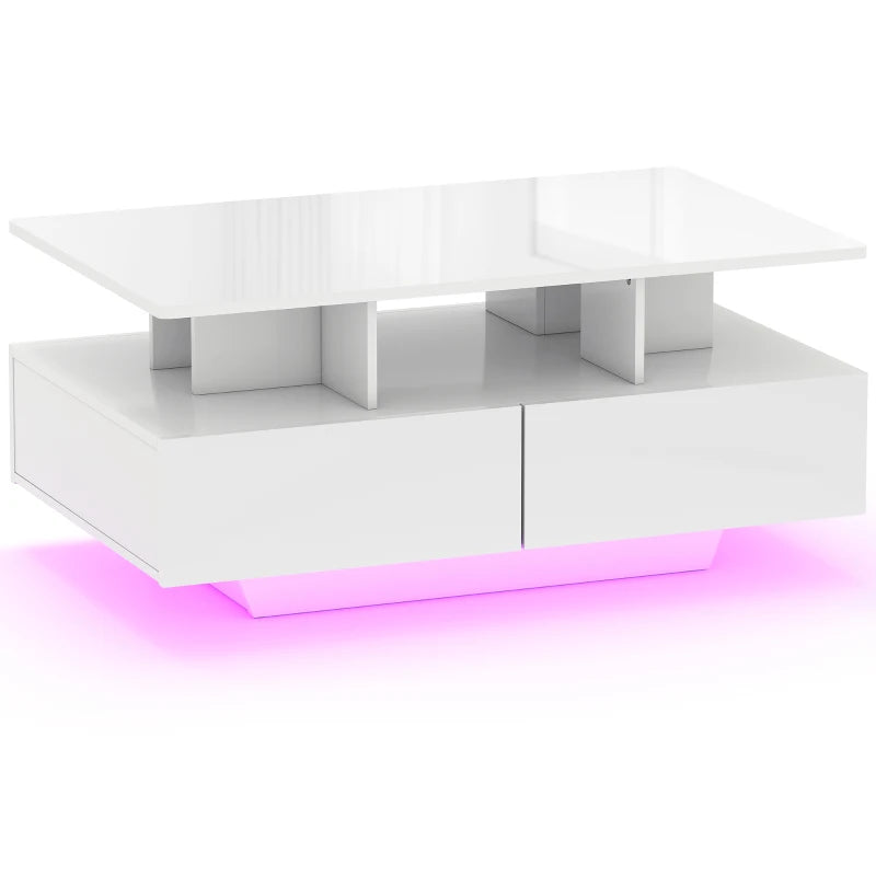 Mesa de centro LED Glowl en blanco brillo con luces encendidas en un salón moderno