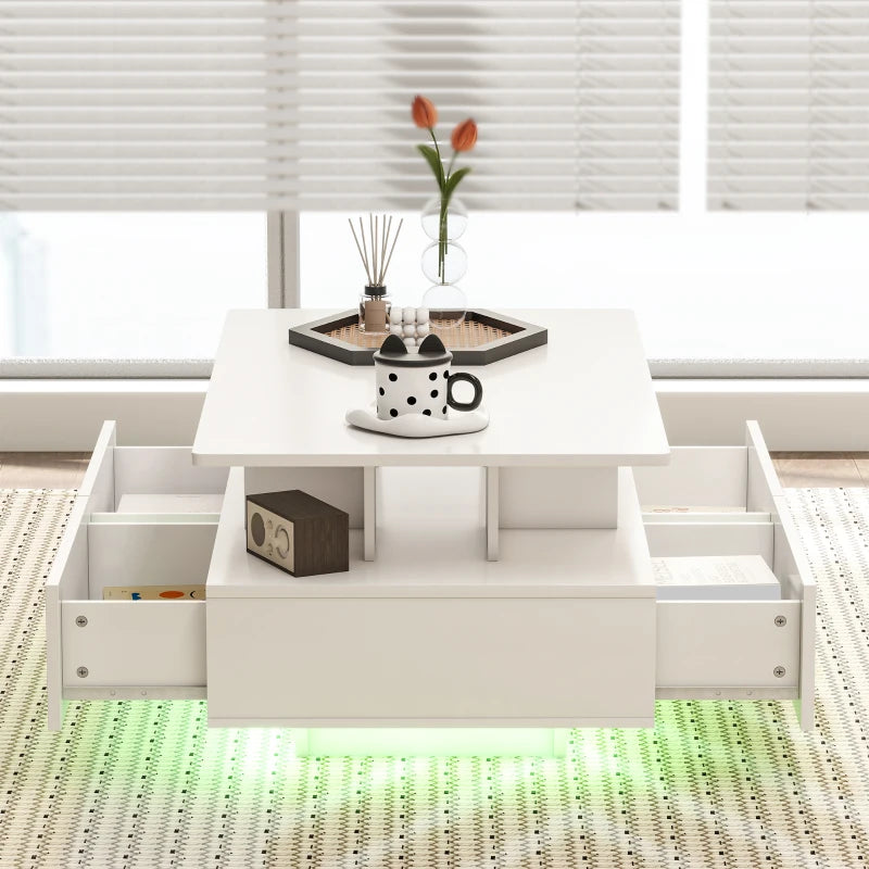 Detalle de los cuatro cajones de la mesa de centro Glowl con objetos guardados