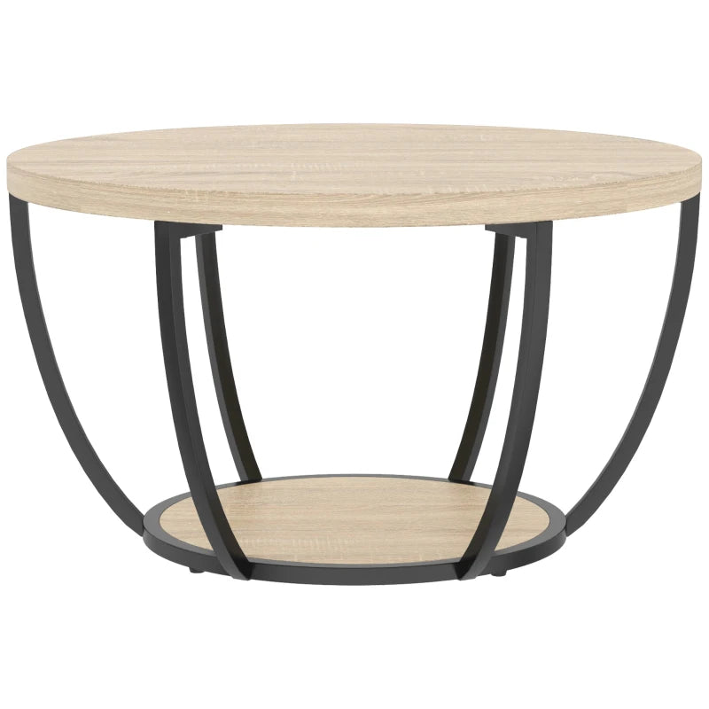  Mesa de centro redonda Nôvik con tapa de roble y estructura de metal negro en un salón moderno