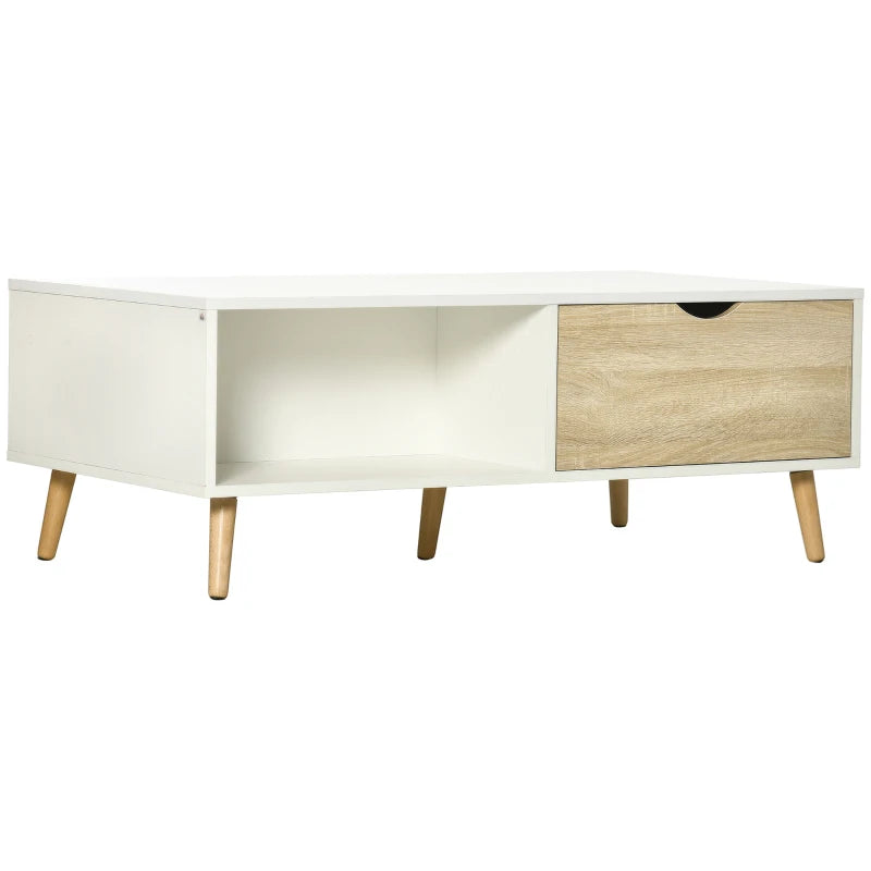 Mesa de centro Ordnungo en blanco con patas de madera de haya en un salón nórdico