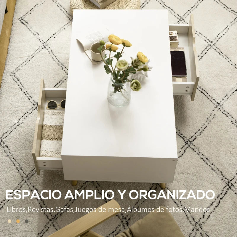 Detalle de un cajón abierto de la mesa de centro Ordnungo