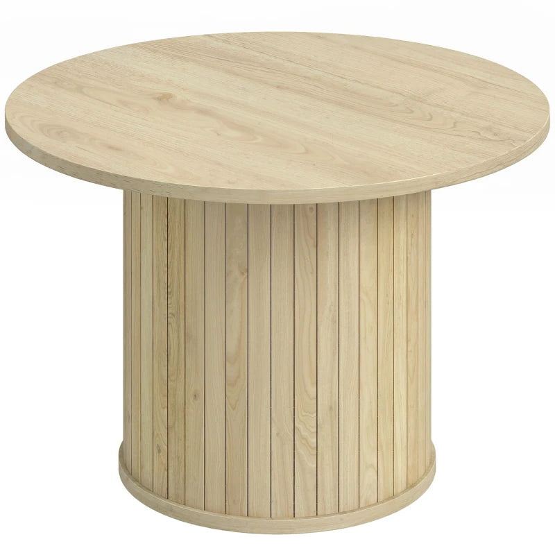 Mesa de centro redonda Wobblewood en madera natural con base de pedestal de listones en un salón