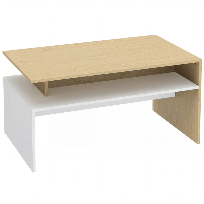 Mesa de centro Traquinas bicolor en madera natural y blanco con diseño escalonado en un salón moderno