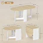 Diagrama de medidas de la mesa de cocina Klapa con dimensiones extendida y plegada en centímetros