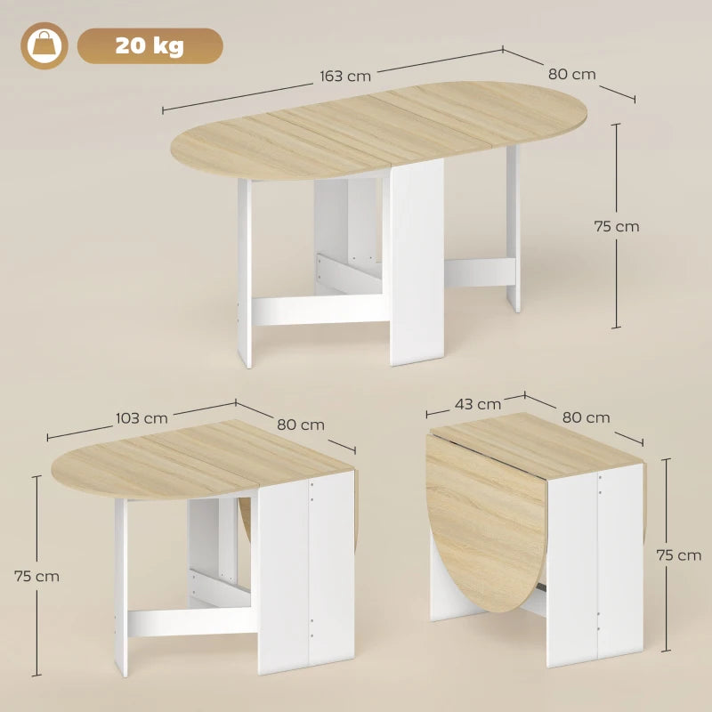 Diagrama de medidas de la mesa de cocina Klapa con dimensiones extendida y plegada en centímetros