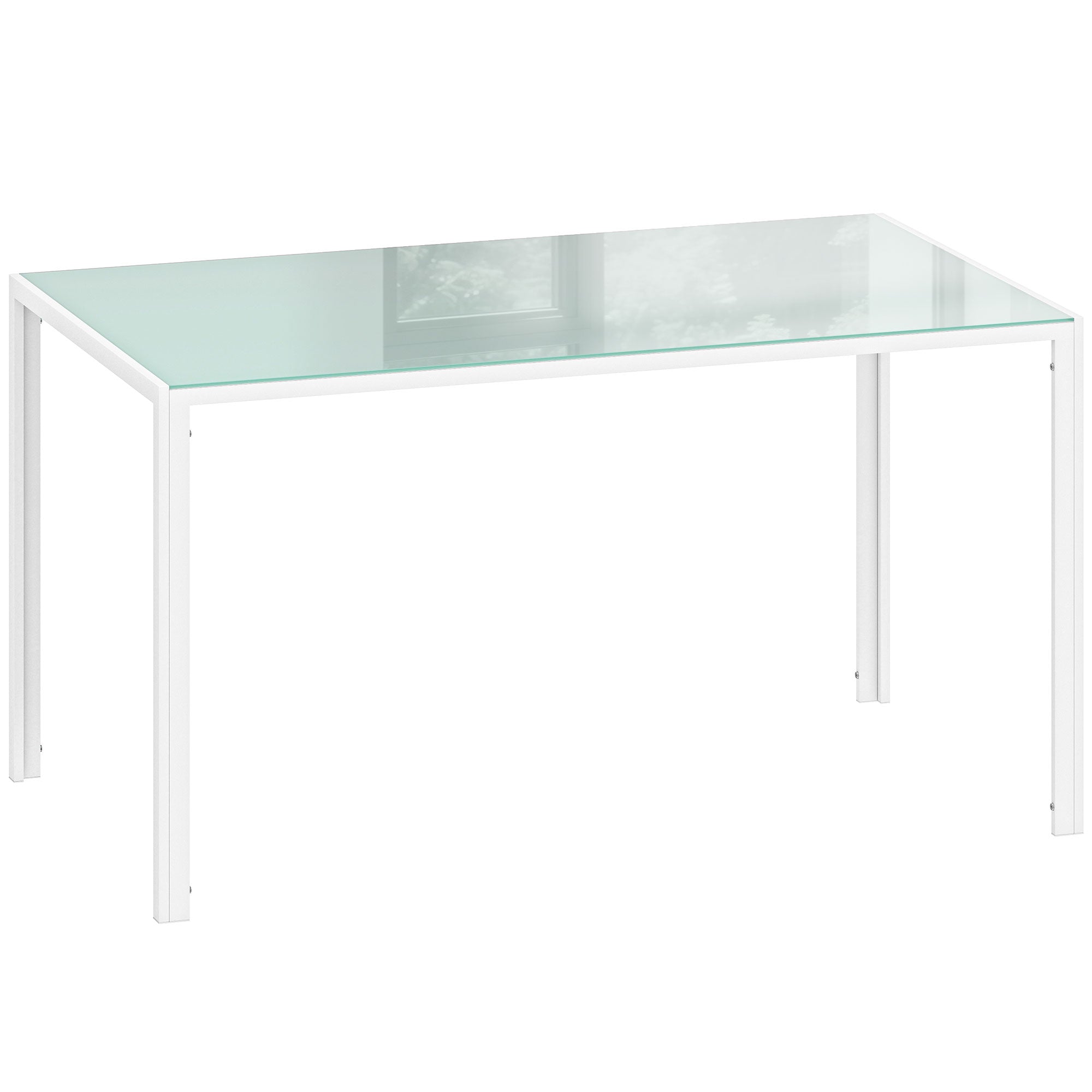 Mesa de comedor de cristal blanco de 140 cm con patas de metal para seis personas