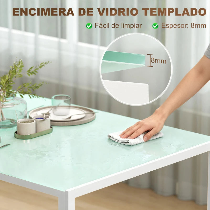 Detalle de la encimera de vidrio templado blanco de 8 mm de la mesa