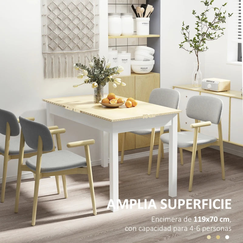 Detalle de la encimera rectangular con acabado efecto roble de la mesa