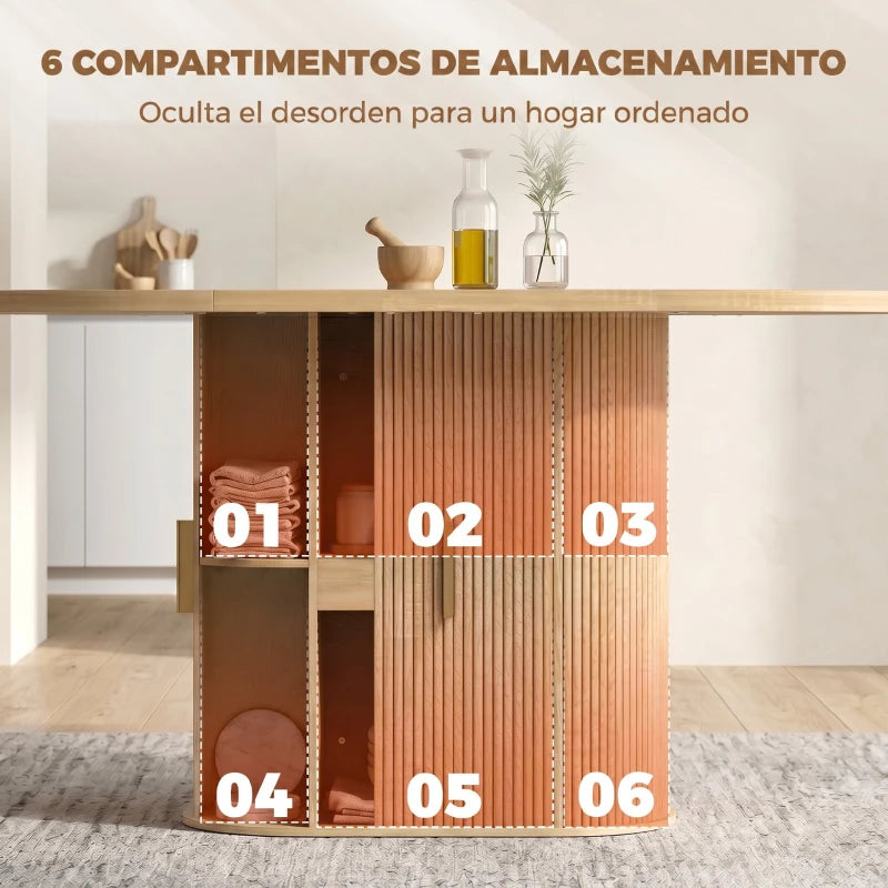 Los seis compartimentos de almacenaje bajo el tablero de la mesa de comedor Rolán