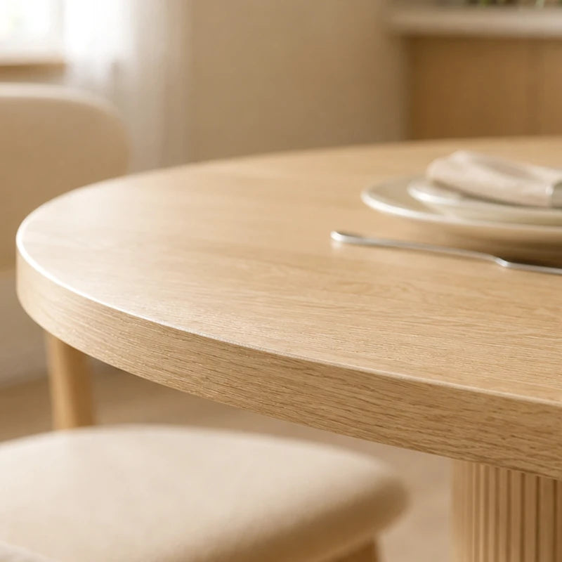 Detalle del tablero grueso de 3 cm con acabado roble de la mesa Rolán
